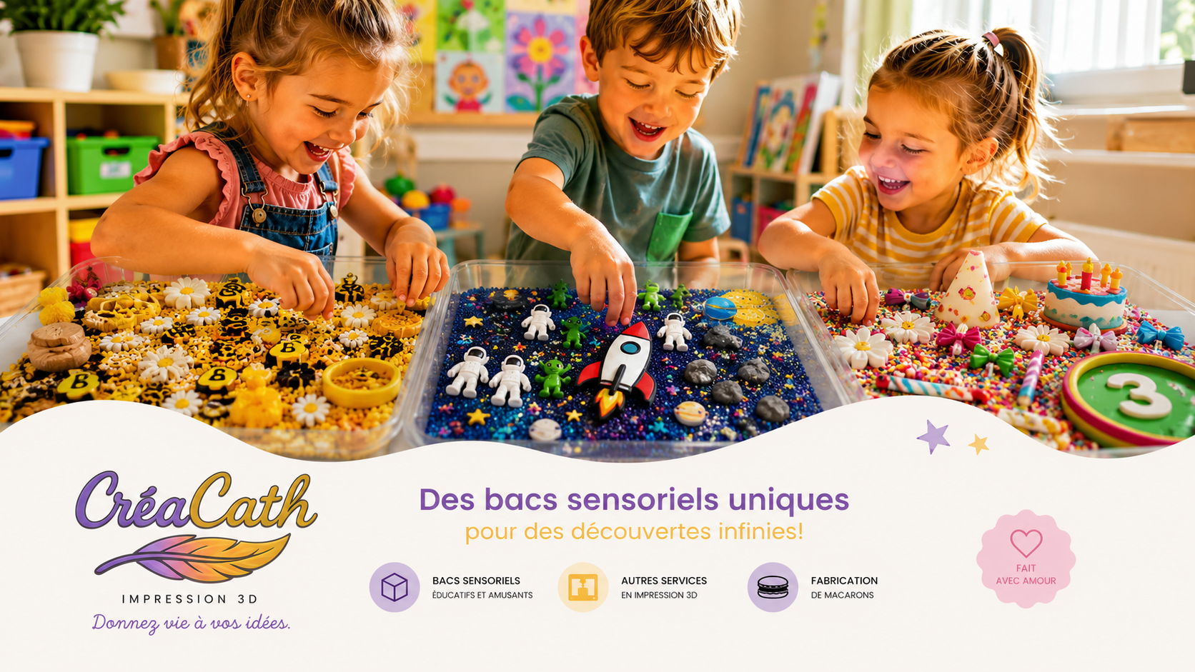 Trois enfants jouant avec des bacs sensoriels CréaCath